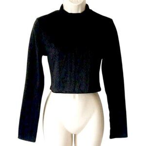 Mock Neck Long Sleeve Crop Top L Black Cable-Knit Textured 50OFF3